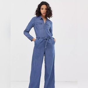 ONLY Denim Wide Leg Tie Waist Long Sleeve Jumpsuit 38 US 6 Blue Painter